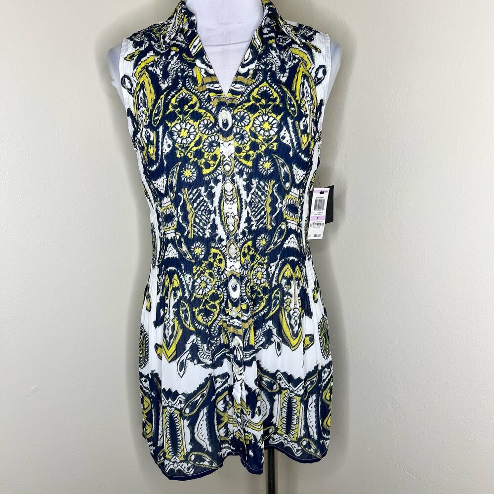 NWT Alfani Shirt Dress 6  Tunic Top Paisley Pleated Chic Blue Motif Work Preppy